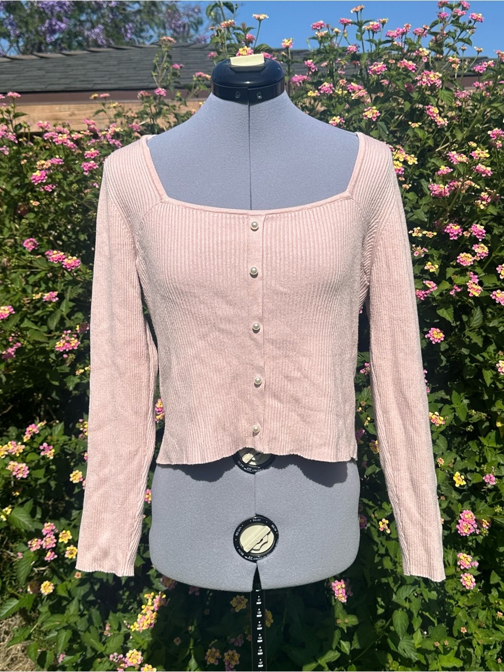 Hazel Moon Pastel Pink Square-Neck Ribbed Long Sleeve Sweater with Pearl Accents